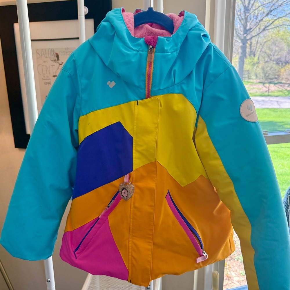 Obermeyer Girls' Colorblock Hooded Winter Ski Jacket - Turquoise, Yellow & Pink